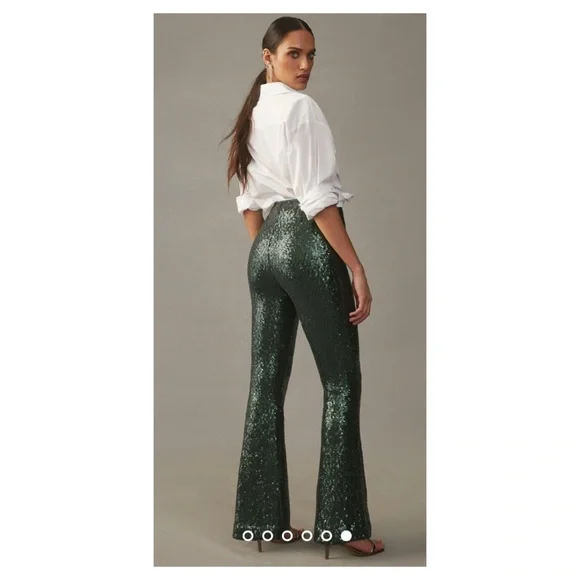 NWOT Anthropologie Joni Sequin Flare Pants in Dark Green Size 10 - Picture 3 of 14